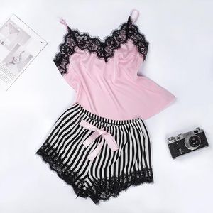 Lace Trim Cami and Striped Shorts Pajama Set